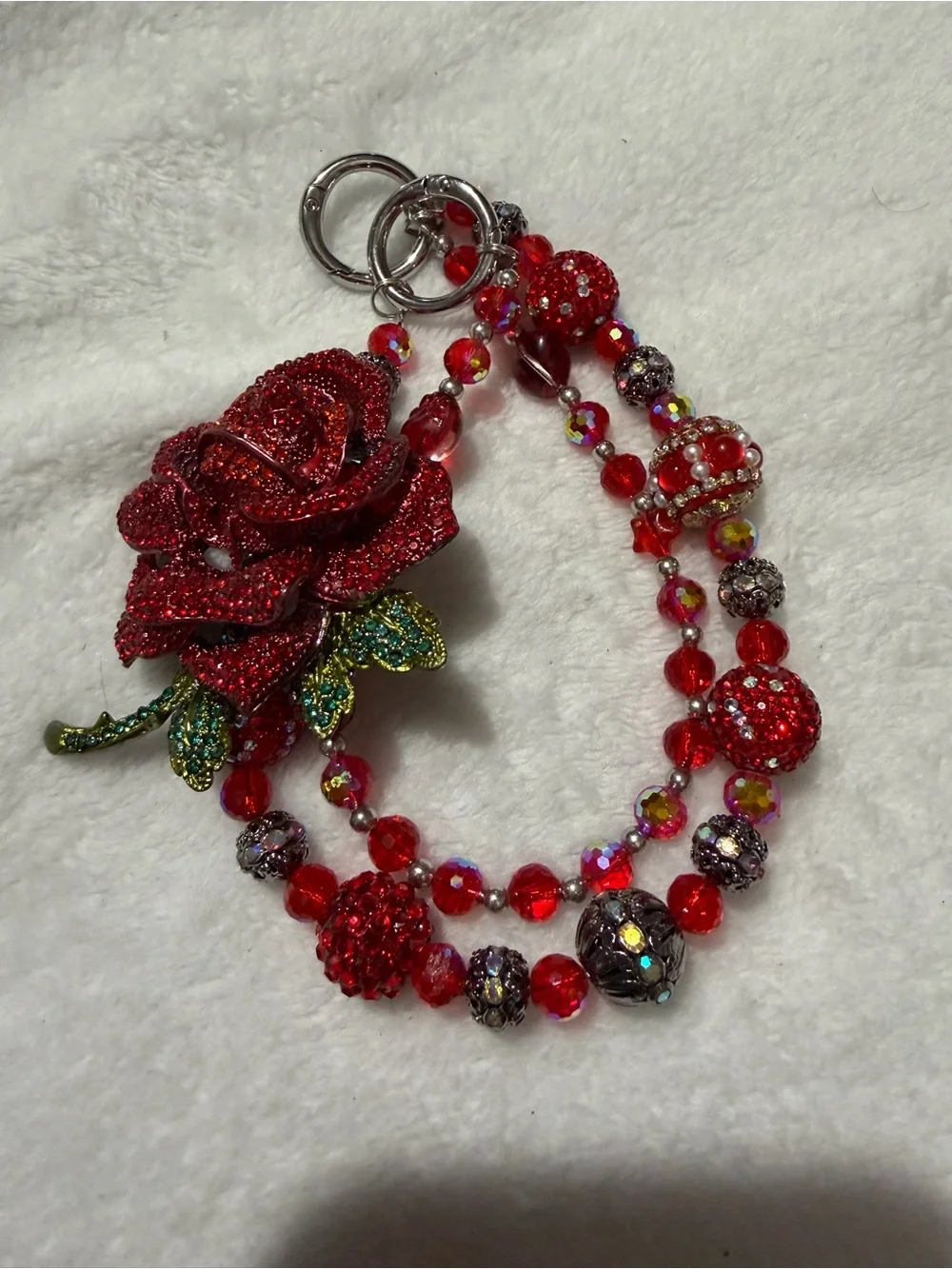 Hand Made Red Crystal Rose Beaded Bag Charm Or Keychain